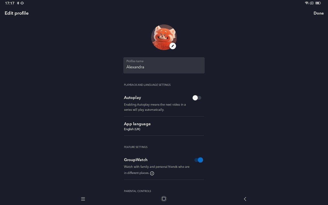 Параметры на экране «Редактировать профиль» в приложении Disney Plus для Android.