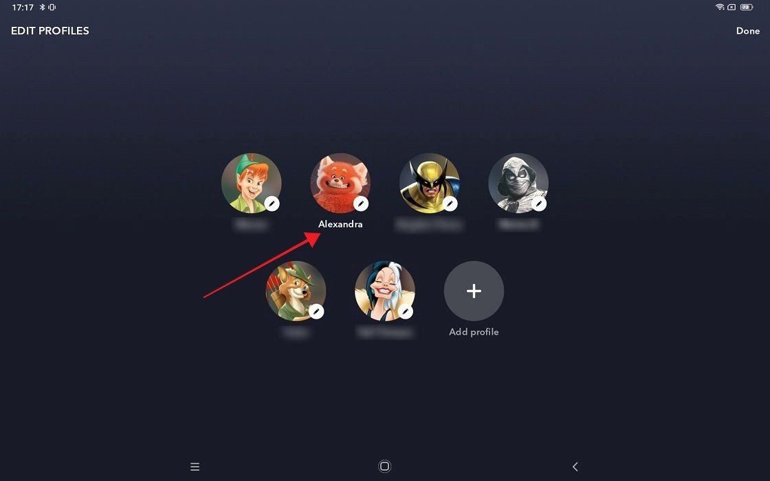 Нажмите на профиль, который вы хотите отредактировать, в приложении Disney Plus для Android.