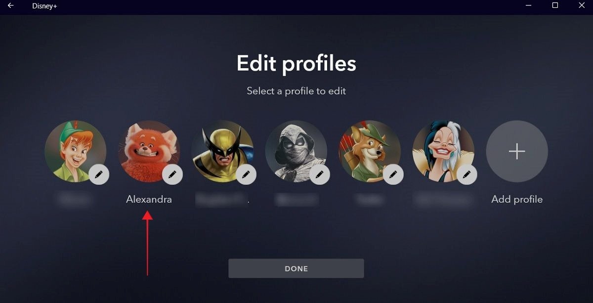 Выберите профиль для редактирования в разделе «Редактировать профили» настольного приложения Disney Plus.