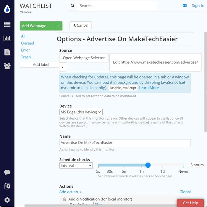 Distill Web Monitor Добавить параметры веб-страницы