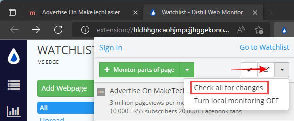 Меню расширения Distill Web Monitor Проверить все изменения