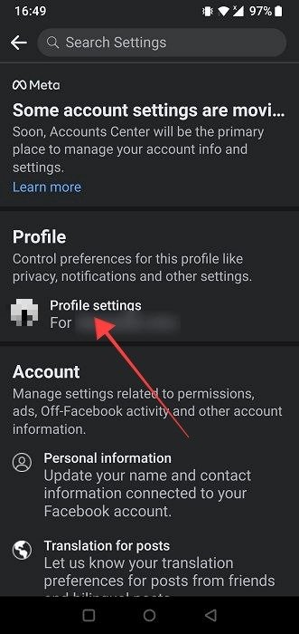 Нажмите «Настройки профиля» в приложении Facebook для Android.