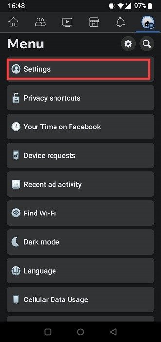 Нажмите «Настройки» в приложении Facebook для Android.