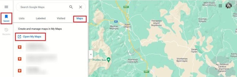 Нажмите кнопку «Открыть мои карты» в разделе «Сохранено в Картах Google на ПК».