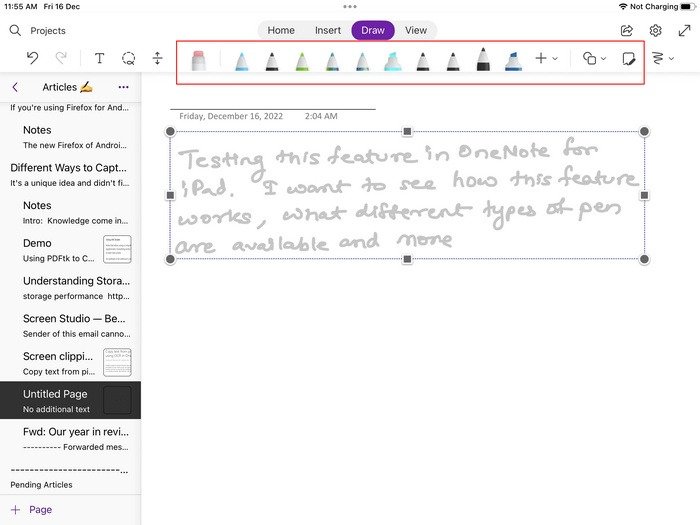 Вкладка «Рисование» Onenote для Ipad