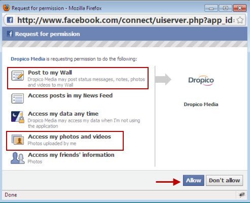 Dropico Предоставление разрешений учетной записи Facebook