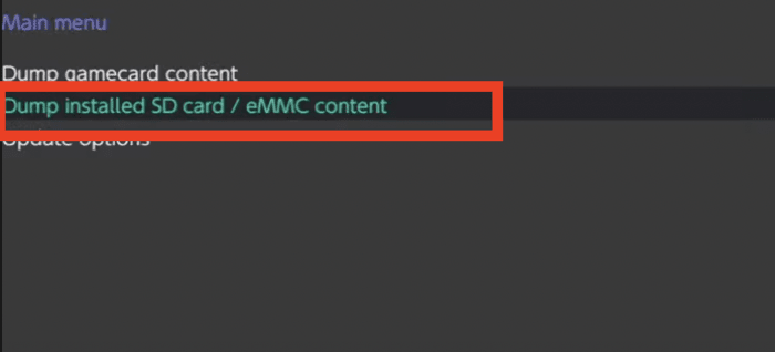Выбор опции «Дамп установленного содержимого SD-карты/eMMC»