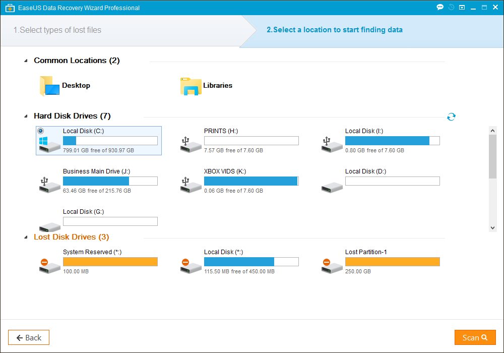 EaseUS Data Recovery выберите местоположение.