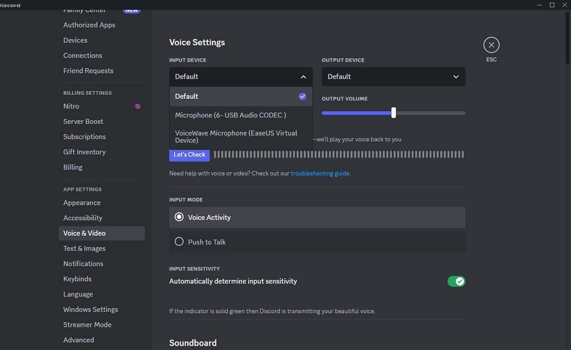 Настройки Discord Easeus Voicewave 1