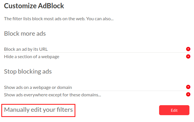 Настройка AdBlock с выделенным редактированием фильтров вручную
