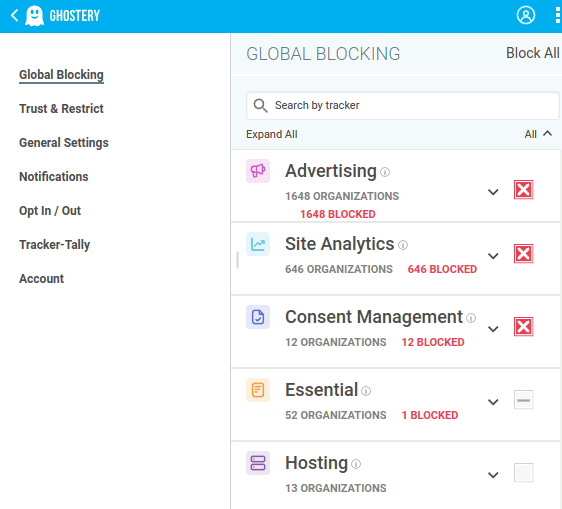 Интерфейс настроек Ghostery