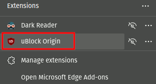 Менеджер расширений Microsoft Edge с выделенным uBlock Origin