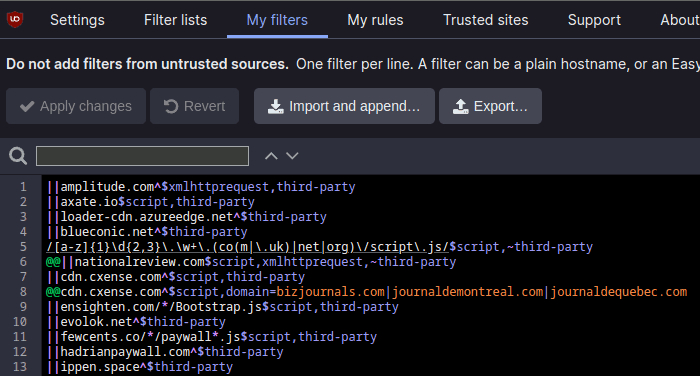 Заполнен список пользовательских фильтров uBlock Origin.