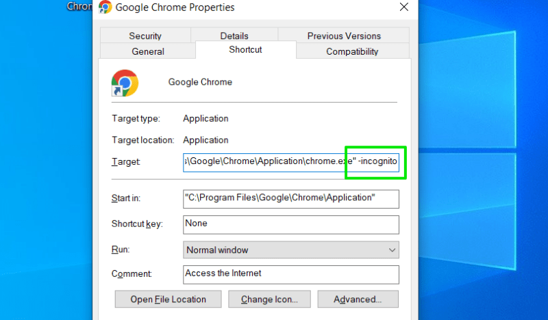 Редактировать ярлык Chrome в режиме инкогнито