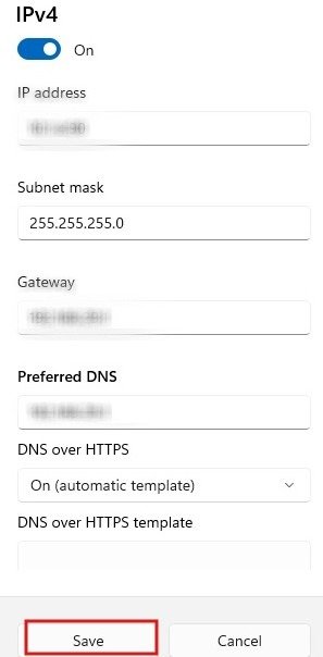 Заполните все необходимые значения IPv4 и нажмите «Сохранить».