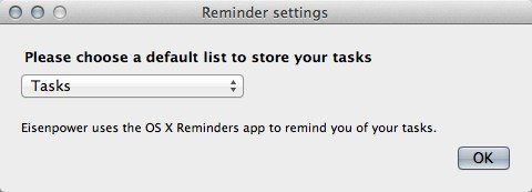 Настройки Eisenpower — выберите список задач по умолчанию в приложении «Напоминания» для Mac.