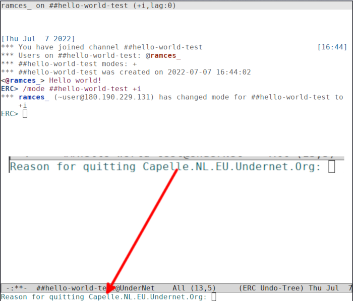 Сообщение о выходе из сервера Emacs Irc 17 Undernet
