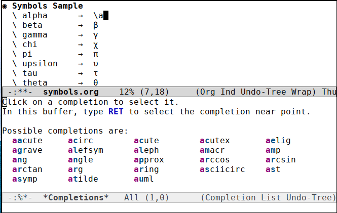 Завершение вкладки символов Emacs Latex 15