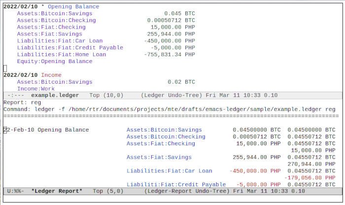 Пример отчета в режиме Ledger Emacs Ledger 02