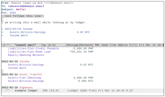 Пример взаимодействия Emacs Ledger 04