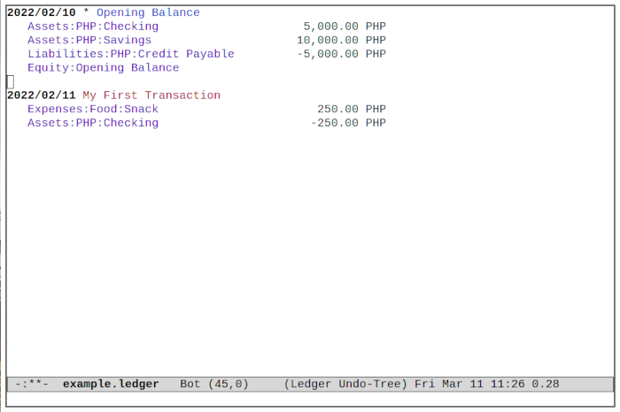 Примеры новых транзакций Emacs Ledger 14