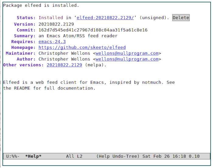 Установлен Emacs RSS 05 Elfeed