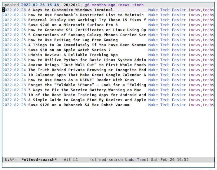 Emacs RSS 10 автоматически помеченных каналов