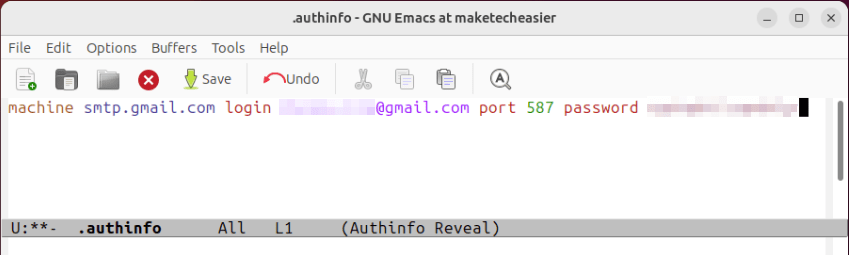 Снимок экрана, показывающий образец учетных данных для электронной почты в Emacs.