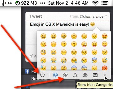 Окно символов Emoji в Mac OS X Mavericks.