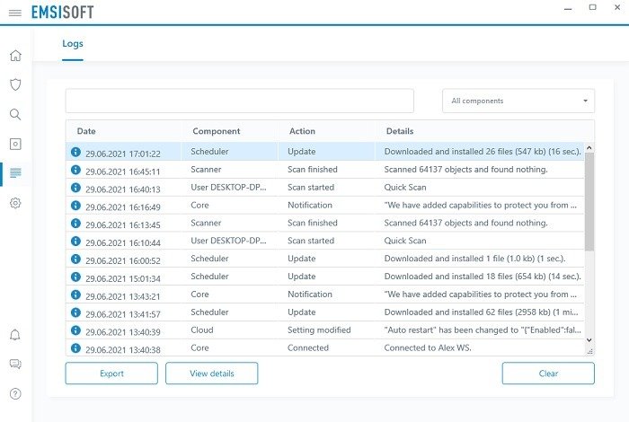 Просмотр журналов проверок Emsisoft