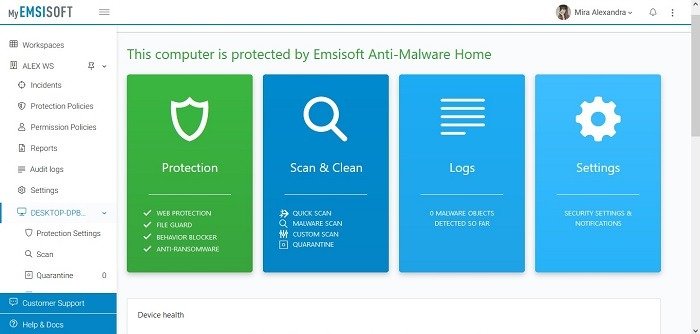 Emsisoft Обзор состояния защищенного устройства Myemsisoft