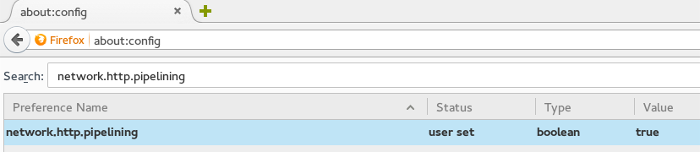 Дважды щелкните и установите для network.http.pipelining значение true.