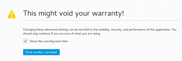 Примите это предупреждение, чтобы перейти в область конфигурации Firefox.