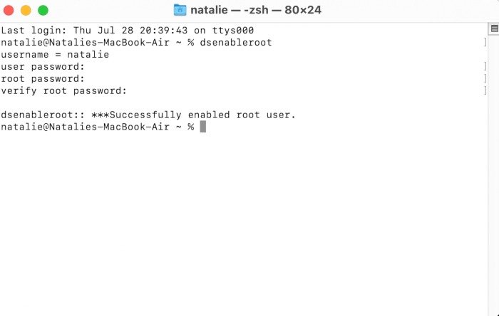 Включить терминал root-пользователя Mac включен