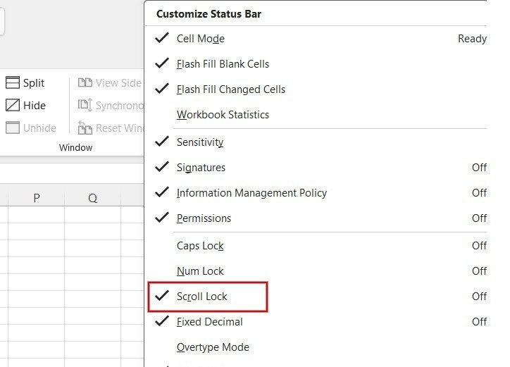 Включение опции «Блокировка прокрутки» на панели задач Excel.