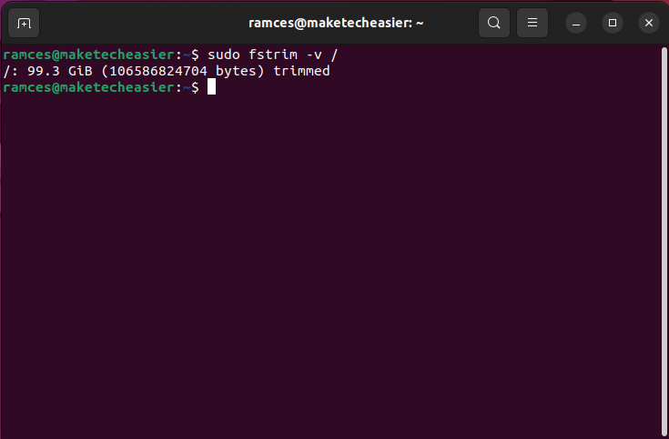 Окно терминала, показывающее первую команду fstrim для SSD.