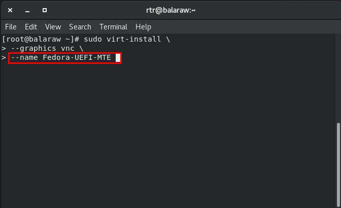 Терминал с выделенным значением флага имени virt-install.