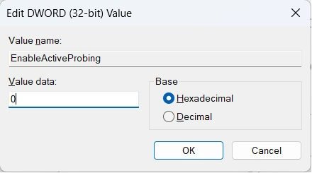 Редактирование значения «Enableactiveprobing» в Windows.
