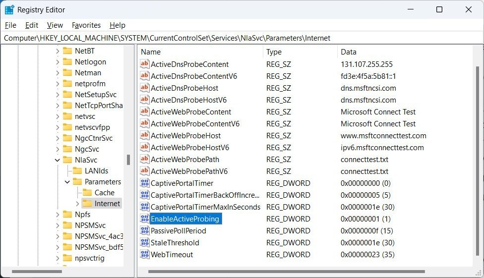Дважды щелкните значение Enableactiveprobing в редакторе реестра.