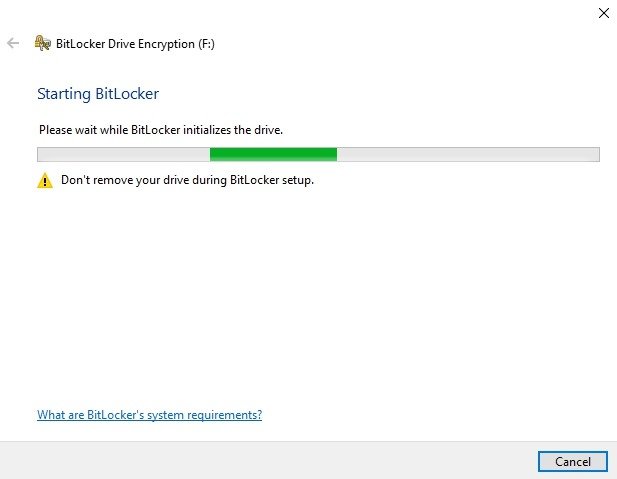 BitLocker инициализирует USB-накопитель в Windows 10.