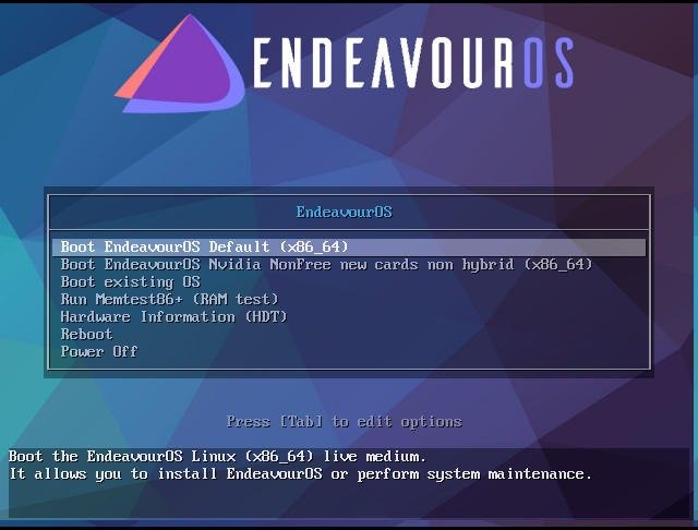 Страница параметров загрузки Endeavouros