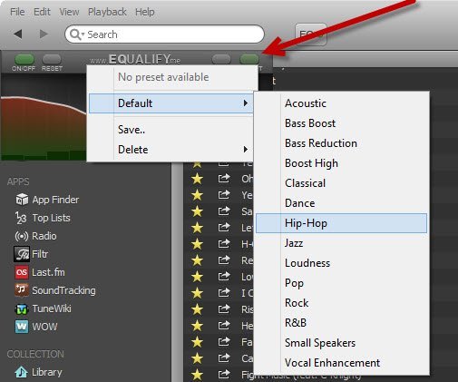 Выберите настройку по умолчанию для эквалайзера Spotify.