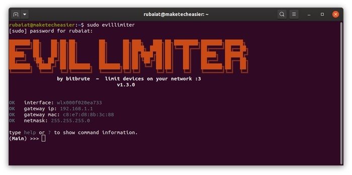 Запуск evillimiter для управления сетью Wi-Fi в Linux