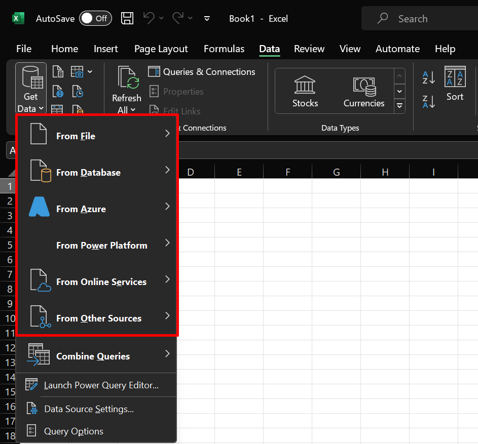 Параметры импорта данных Excel