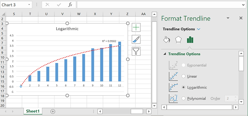 Логарифмические линии тренда Excel