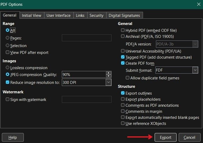 Нажатие кнопки «Экспорт» в LibreOffice.