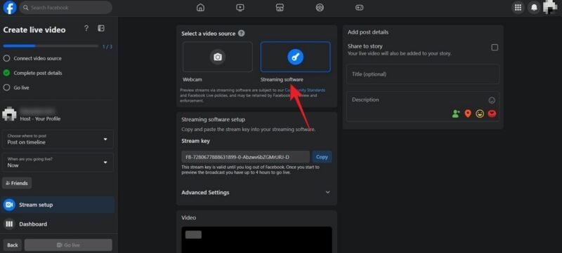 Просмотр панели программного обеспечения потоковой передачи на странице Facebook Live.