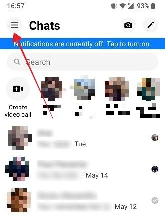 Нажатие на гамбургер-меню в приложении Messenger для Android.
