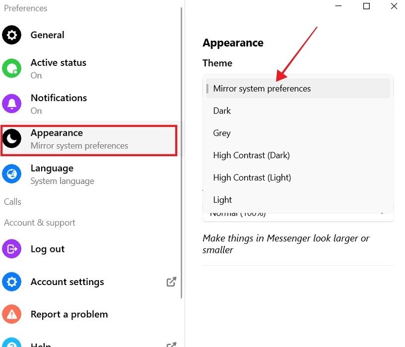 Нажмите «Зеркальные настройки системы» в разделе «Внешний вид» в Messenger для настольных компьютеров.