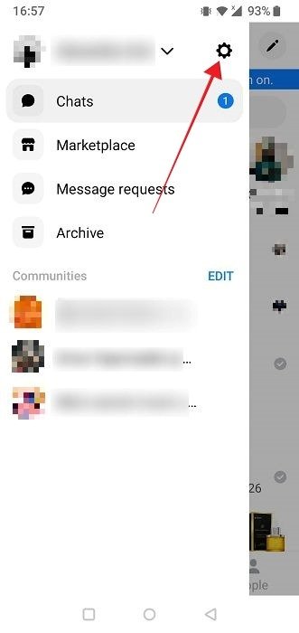 Нажатие значка шестеренки в приложении Messenger для Android.